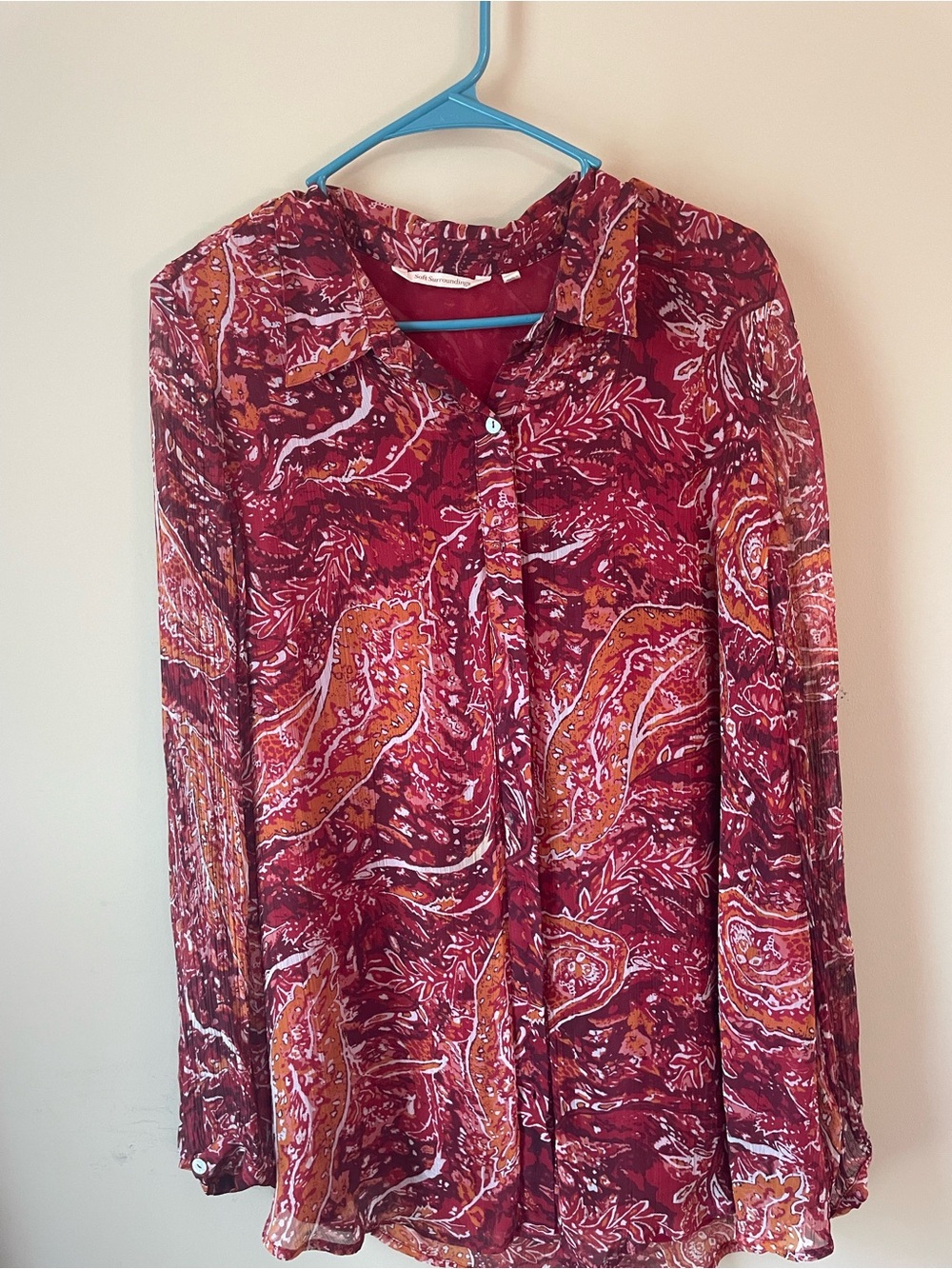 Soft Surroundings Paisley Button-Front Blouse in Burgundy and Mustard